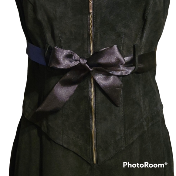 NWT Aldo 6 Suede Leather Dress Bodycon Black/Dark Purple with Satin Bow ab Waist - Picture 8 of 14